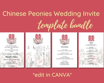 Chinese Peonies Wedding Invite Template Bundle - Digital Printable Chinese Wedding Invitation Card Program and Menu Sheets - Editable CANVA