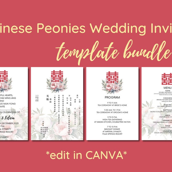 Chinese Peonies Wedding Invite Template Bundle - Digital Printable Chinese Wedding Invitation Card Program and Menu Sheets - Editable CANVA