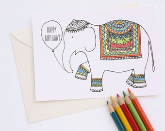 PRINTABLE - DIGITAL Birthday Card Instant Download - Coloring Card - Tribal Elephant