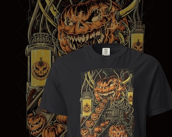 Camiseta con estampado de máquina de calabaza de Halloween, colores espeluznantes y cómodos