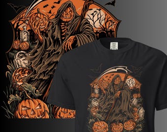 Grim Reaper Pumpkin Patch T-Shirt: Spooky Halloween Tee