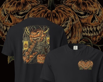 Camiseta con estampado de máquina de calabaza de Halloween, colores espeluznantes y cómodos
