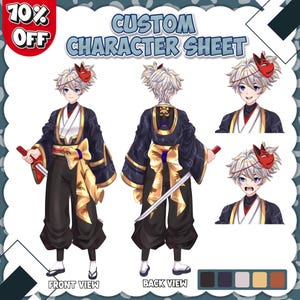 May include: A custom character sheet featuring an anime-style figure in a dark blue and gold kimono with black pants, a red fox mask, and a sword. The sheet displays front and back views, two facial expressions, and a color palette with text.