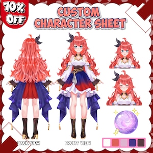 Hoja de referencia de personaje personalizado: Ilustración de personaje original (OC) y modelo VTuber.