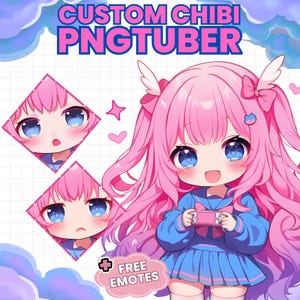 Puede incluir: Ilustración digital de un personaje PNGTuber chibi personalizado con cabello rosa, ojos azules y un atuendo azul. La imagen incluye el texto "CUSTOM CHIBI PNGTUBER" y "FREE EMOTES".