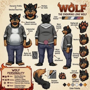 May include: A character reference sheet for an anthropomorphic wolf featuring front, back, and side views. The wolf has black and tan fur, amber eyes, and wears a gray hoodie over a white shirt with blue jeans. Includes head expressions and a color palette.