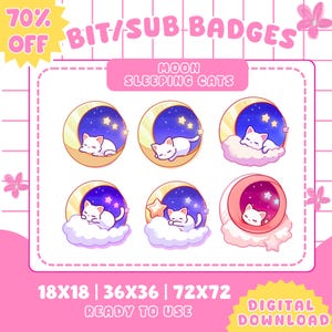 Puede incluir: Gráfico digital con seis insignias de "Moon Sleeping Cats". Cada insignia muestra un gato blanco durmiendo en una luna creciente o nube, con un cielo estrellado de fondo. El texto indica tamaños y "Descarga digital".