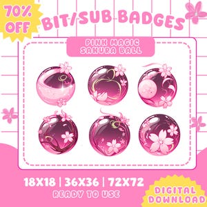 Puede incluir: Un gráfico digital con seis diseños de Sakura Ball rosas y magenta. La imagen incluye el texto "70% OFF", "BIT/SUB BADGES", "PINK MAGIC SAKURA BALL" y opciones de tamaño de 18x18, 36x36 y 72x72.
