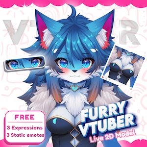 Può includere: Illustrazione digitale di un personaggio peloso dai capelli blu con grandi occhi blu e una collana a forma di cuore. L'immagine include il testo "FURRY VTUBER Live 2D Model" e "FREE 3 Expressions 3 Static emotes". Un'immagine più piccola mostra un busto del personaggio.