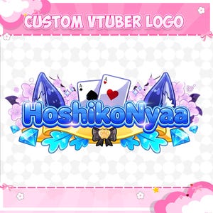 May include: A custom VTuber logo design featuring the text "HoshikoNyaa" in blue, with cat ears, playing cards, and floral accents. The design includes blue diamonds and a black bow, set against a pink and white background.