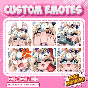May include: A pink graphic with the text "CUSTOM EMOTES" at the top. Below are six anime-style character emotes with various expressions. The bottom of the graphic reads "READY TO USE - HIGH QUALITY" and "FREE ANIMATED".