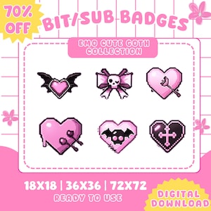May include: A digital download graphic featuring six pixelated Emo Cute Goth badges in pink and black. The badges include hearts, bats, bows, and crosses. Text includes "70% OFF", "BIT/SUB BADGES", "EMO CUTE GOTH COLLECTION", and size options.