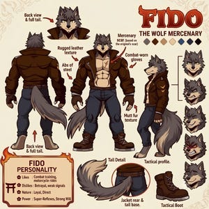 May include: A character reference sheet for Fido the Wolf Mercenary, featuring a grey wolf character in a brown leather jacket, blue jeans, and brown boots. Includes multiple head expressions, a full-body front and back view, and tail detail.