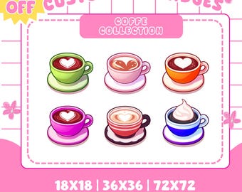 May include: Six cartoon coffee cup designs with heart-shaped latte art in various colours. The image includes the text "70% OFF CUSTOM SUB BADGES" and "COFFE COLLECTION". Sizes are 18x18, 36x36, and 72x72.