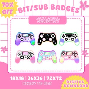 Op de afbeelding: Een verzameling van zes kleurrijke controllerontwerpen met een gradiënteffect. De afbeelding bevat tekst die luidt: "70% OFF", "BIT/SUB BADGES", "CONTROLLER COLLECTION", "18x18 | 36x36 | 72x72", "READY TO USE" en "DIGITAL DOWNLOAD".