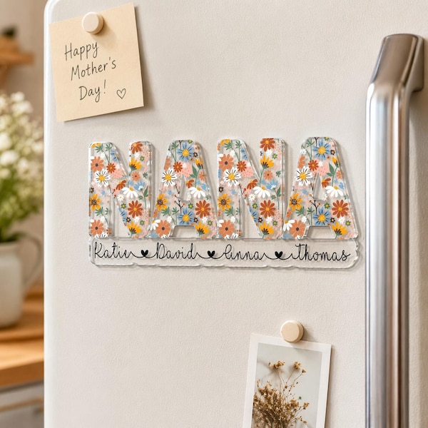 Personalized Nana With Grandkids Name Flowers Magnet, Gift For Grandma, Gift For Mom, Mother's Day Gift For Nana, Grandma With Kids Magnet