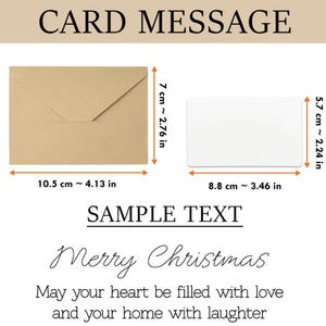 May include: A kraft paper envelope and a white card with dimensions displayed in inches and centimeters. The text "CARD MESSAGE" and "SAMPLE TEXT" are at the top. The sample text reads "Merry Christmas" and a holiday message.