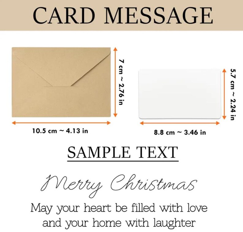 May include: A kraft paper envelope and a white card with dimensions displayed in inches and centimeters. The text "CARD MESSAGE" and "SAMPLE TEXT" are at the top. The sample text reads "Merry Christmas" and a holiday message.