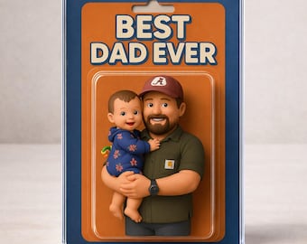 May include: A figurine of a father holding a baby, presented in a retro-style package. The package reads "BEST DAD EVER" in bold white letters. The father figure wears a green shirt and a maroon cap. The baby is wearing a blue jacket with floral patterns.