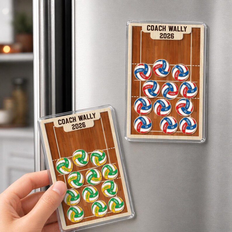 May include: Two rectangular magnets with a volleyball court design. Each magnet features a wooden background with volleyballs arranged in a grid. The text "COACH WALLY 2026" is at the top. One magnet is held by a hand.