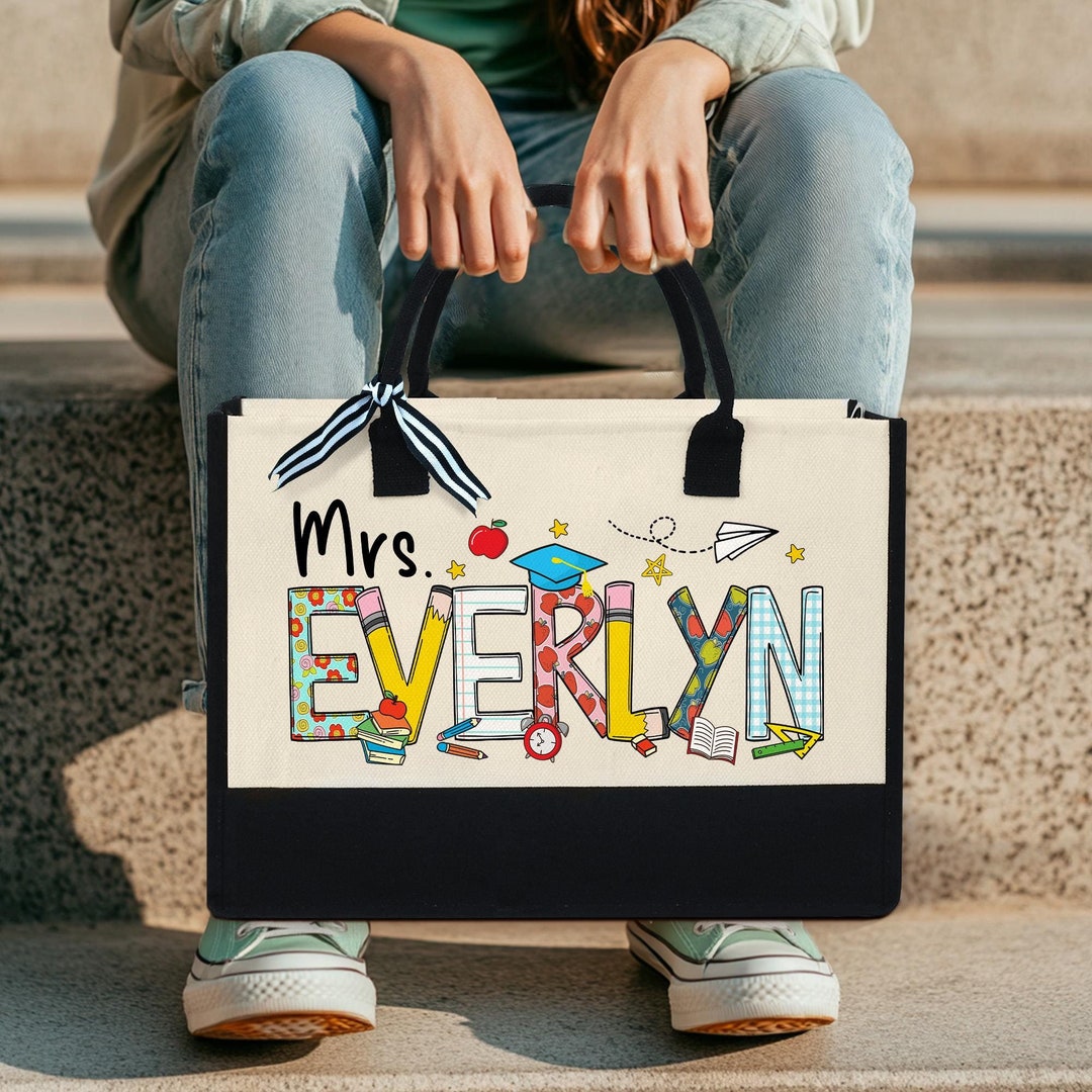 Personalized Gift for Teacher, Custom Teacher Name Canvas Tote Bag ...