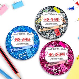 May include: Three round composition books with glitter covers. Each book has a different color: blue, black, and pink. The books have a label with the text "COMPOSITION BOOK" and the teacher's name: "MRS. SOPHIA", "MRS. OLIVER", and "MRS. BROWN". Each book has a Crayola crayon, paper clips, and a binder clip.
