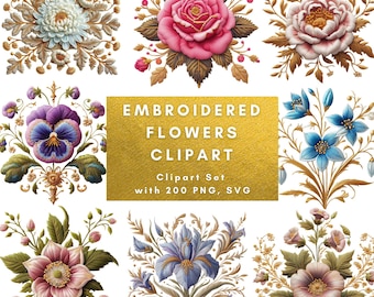 Clipart di fiori ricamati, 200 immagini PNG SVG, Clipart floreale ricamato, Set di clipart di fiori, Sfondo trasparente, Download digitale