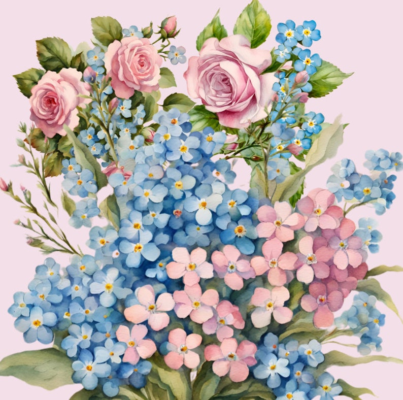 May include: A watercolor painting of a bouquet of pink and blue flowers. The bouquet includes pink roses, blue forget-me-nots, and other pink flowers. The flowers are arranged in a loose, natural style.