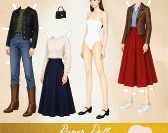May include: A paper doll set featuring a central figure in a white bodysuit, accompanied by four distinct outfits including a black jacket with jeans, a cream sweater with a navy skirt, and a brown jacket with a red skirt, plus a black handbag.