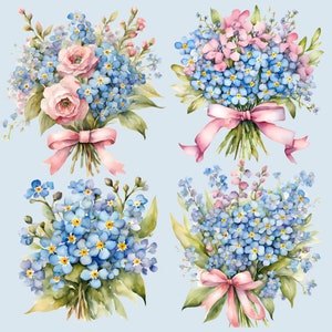 May include: Four watercolor paintings of bouquets of flowers. The bouquets are tied with pink ribbons. The flowers are blue forget-me-nots and pink roses.