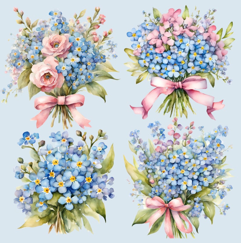 May include: Four watercolor paintings of bouquets of flowers. The bouquets are tied with pink ribbons. The flowers are blue forget-me-nots and pink roses.