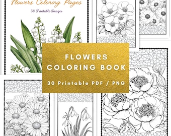 花の塗り絵、花の塗り絵ページ、大人の塗り絵ページ、即時ダウンロード、印刷可能な PDF、自然の塗り絵ページ、塗り絵ページ