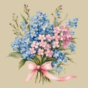 May include: A bouquet of blue and pink flowers tied with a pink ribbon. The flowers are arranged in a loose, natural style. The bouquet is set against a light brown background.