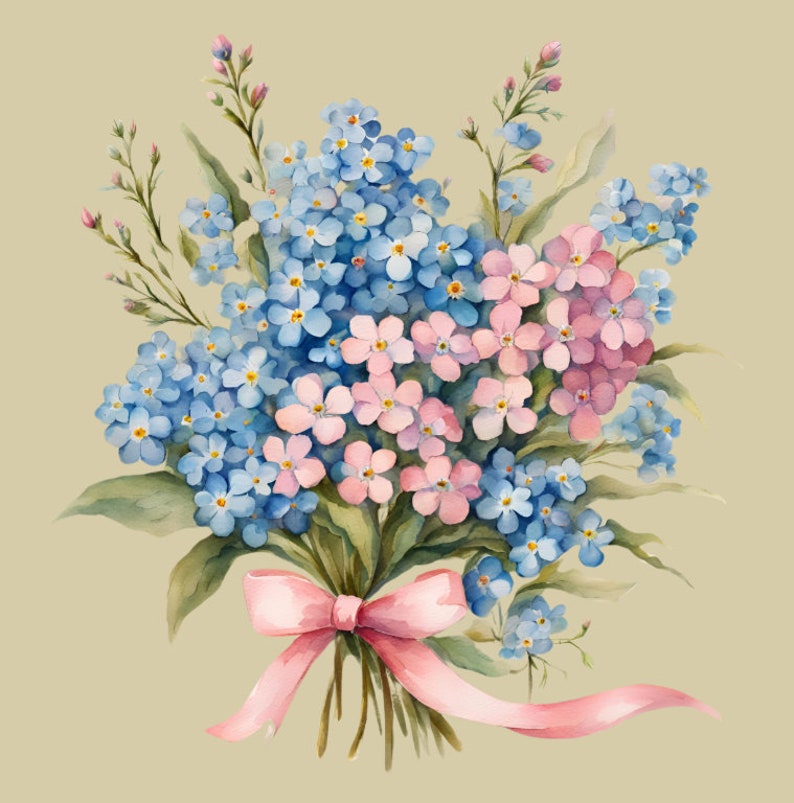 May include: A bouquet of blue and pink flowers tied with a pink ribbon. The flowers are arranged in a loose, natural style. The bouquet is set against a light brown background.