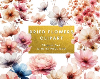 May include: A set of 85 dried flower clipart images in PNG and SVG format. The flowers are in shades of pink, white, and blue, and have a watercolor-like appearance. The clipart is perfect for adding a touch of elegance and whimsy to your digital designs.