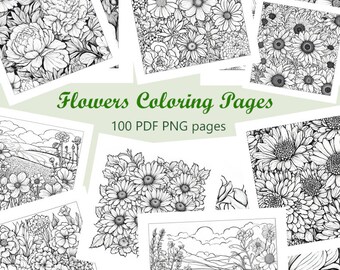 May include: A collection of 100 black and white flower coloring pages. The pages feature a variety of flowers, including roses, daisies, and lilies.  Flowers Coloring Pages 100 PDF PNG pages