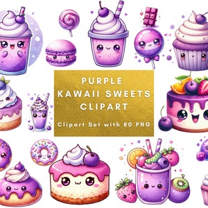 80 lila Kawaii Süßigkeiten Clipart, süße Kawaii süßen Leckereien Clipart, hohe Qualität PNG, transparenten Hintergrund, lila Stil, digitaler Download