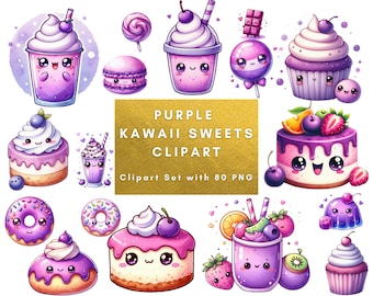 80 Purple Kawaii Sweets Clipart, Cute Kawaii Sweet Treats Clipart, High Quality PNG, Transparent Background, Purple Style, Digital Download