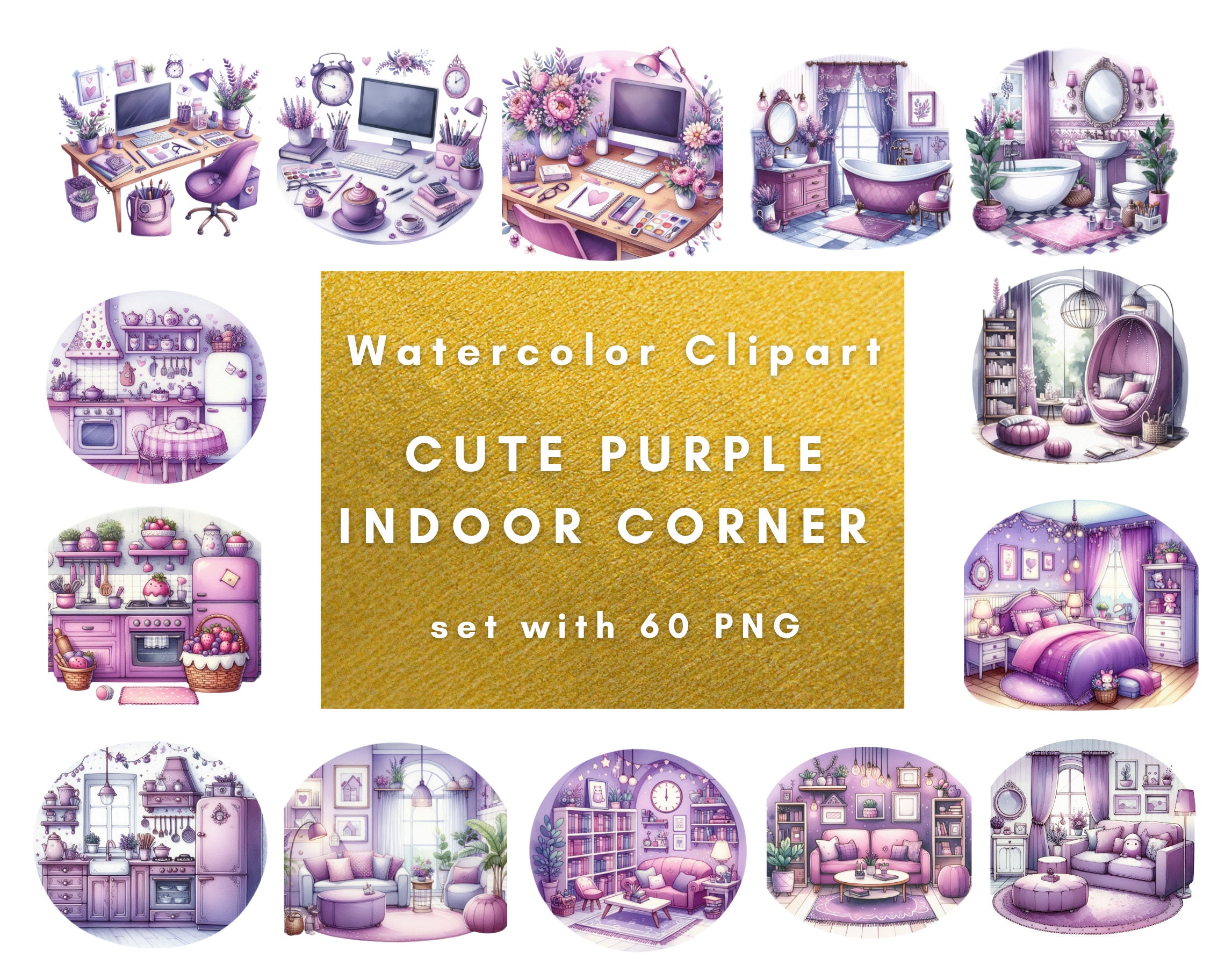 60 Cute Purple Indoor Corner Watercolor Clipart, High Quality PNG, Transparent Background, Purple Scene, Printables, Digital Download