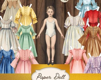 May include: A paper doll with a white leotard and multiple colorful dresses. The dresses are in various colors, including yellow, blue, pink, and green. The words "Paper Doll" are in a gold frame.