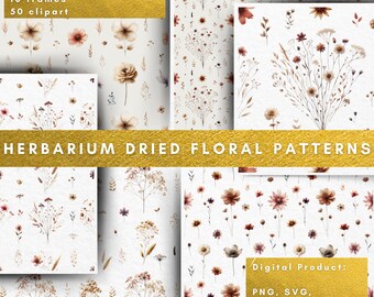 May include: A digital download of 10 seamless patterns, 10 seamless borders, 10 frames, and 50 clipart featuring dried floral designs in shades of brown, beige, and purple on a white background. The text "HERBARIUM DRIED FLORAL PATTERNS" is displayed in gold lettering. The text "Digital Product: PNG, SVG, 300 DPI, 5000 x 5000 px, 5000 x 1000 px" is displayed in gold lettering.