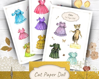 Cat Paper Doll, Hand Painted Doll, Watercolor Doll, Paper Doll Printable, Cut Out Doll, Dress Up Doll, Kids Art Activity, Cat, Dolls Outfits
