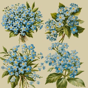 May include: Four bouquets of forget-me-not flowers with blue blossoms and green leaves. The flowers are arranged in a symmetrical pattern on a light beige background.