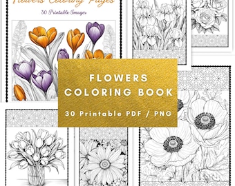 花の塗り絵、花の塗り絵ページ、大人の塗り絵ページ、即時ダウンロード、印刷可能な PDF、自然の塗り絵ページ、塗り絵ページ