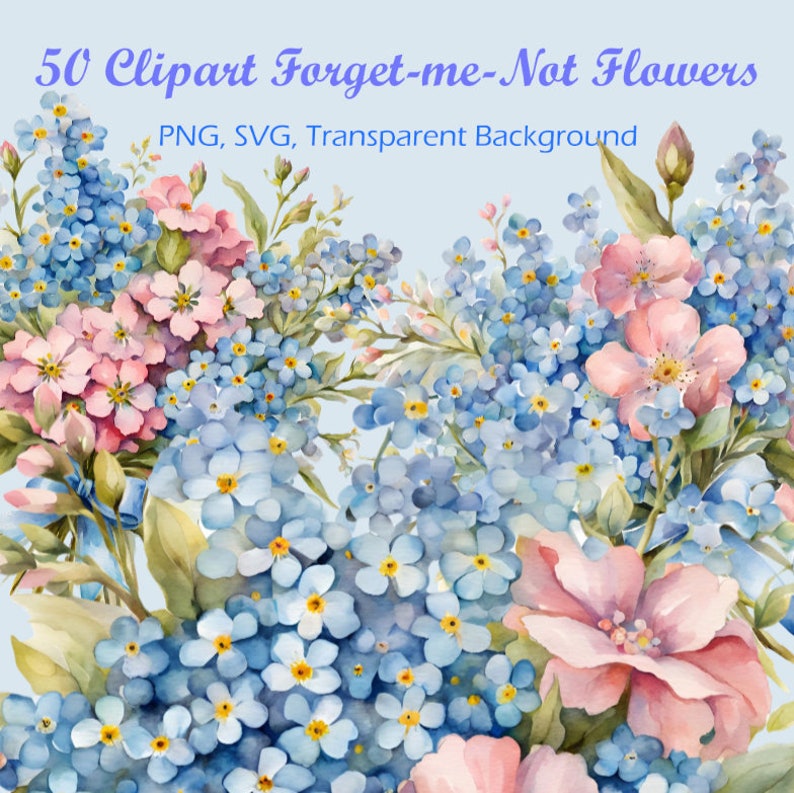 May include: A bouquet of blue forget-me-not flowers and pink flowers with green leaves. The flowers are arranged in a cluster and have a watercolor effect.