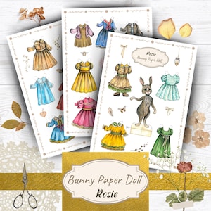 Bunny Paper Doll, Hand Painted Doll, Watercolor Doll, Paper Doll Printable, Cut Out Doll, Dress Up Doll, Kids Art Activity, Rabbit, Dolls