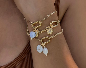 Custom Gold Push Clasp Carabiner Cluster Charm Keeper Bracelet