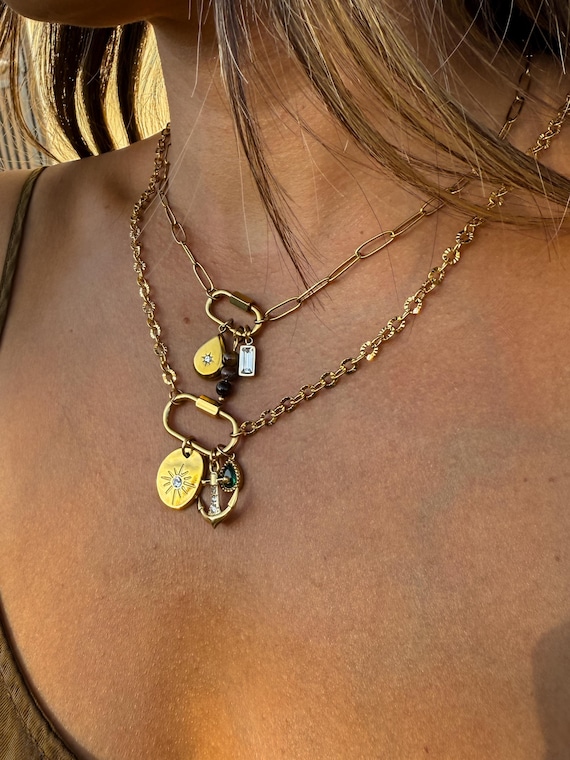 DYO Gold Carabiner Design Your Own Cluster Charm Keeper Necklace Tarnish Free Vacuum Plated