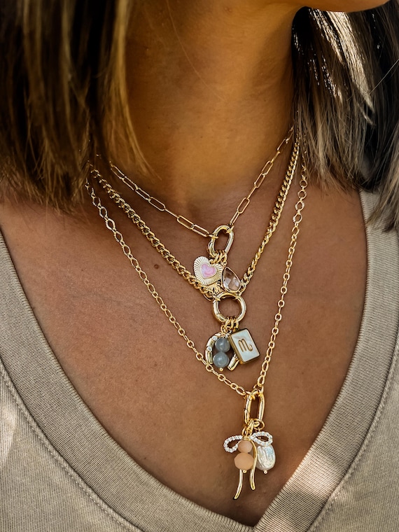 Custom Gold Push Clasp Carabiner Design Your Own DYO Cluster Charm Keeper Necklace