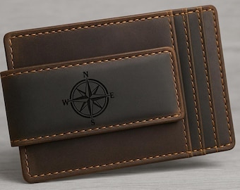 Personalized Leather Magnetic Card Holder: Engraved Money Clip Wallet